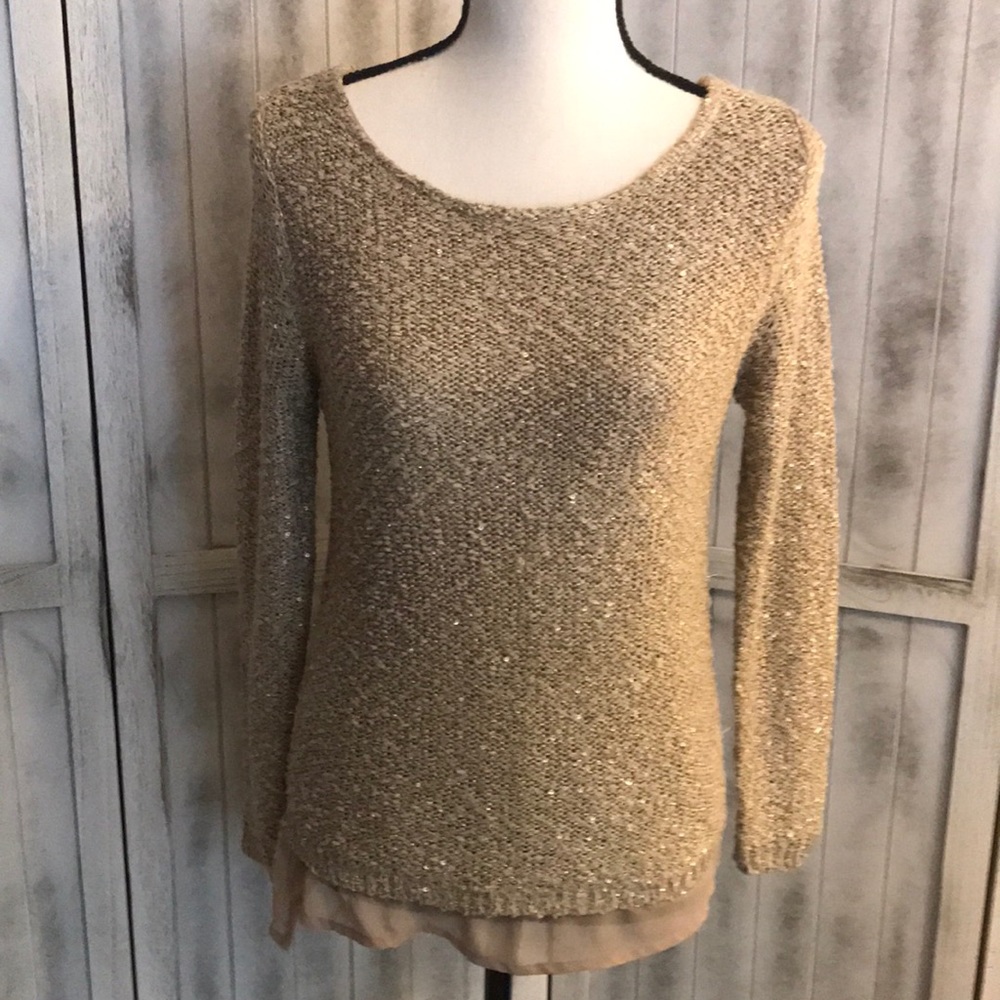 Apt. 9 Champagne Gold Sequin Metallic Sweater with Chiffon Layered Hem